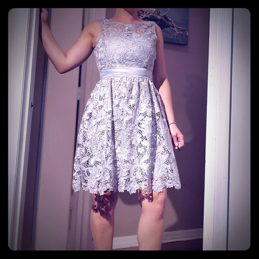 Silver lace cocktail dress